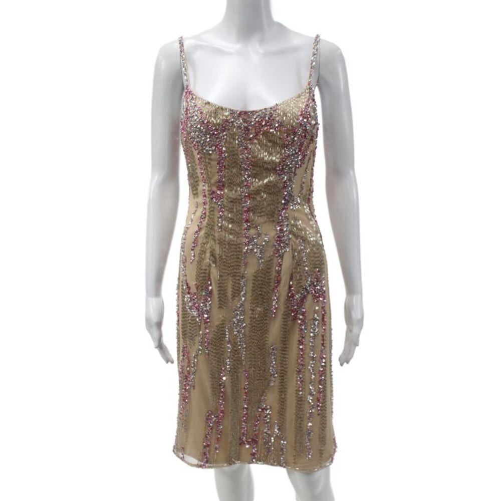 Mac Duggal Womens Beige Sleeveless Slip Dress Round Neck Zip Short Size 2
